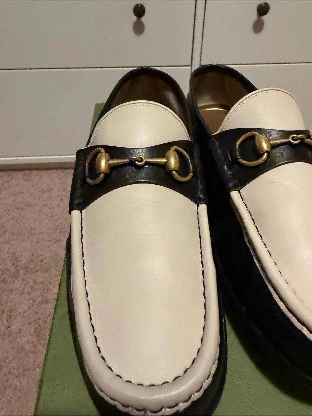Gucci Two-Tone White & Black Leather Horsebit Loafers